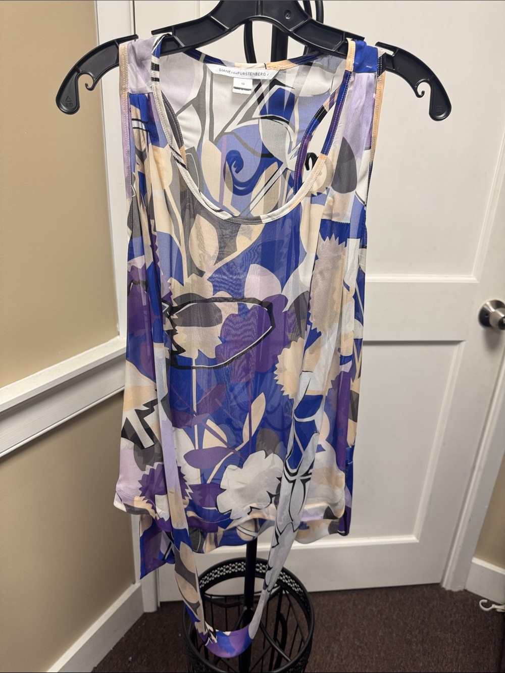 Diane Von Furstenberg Blue, Purple & Cream Abstract Floral Sleeveless Shell